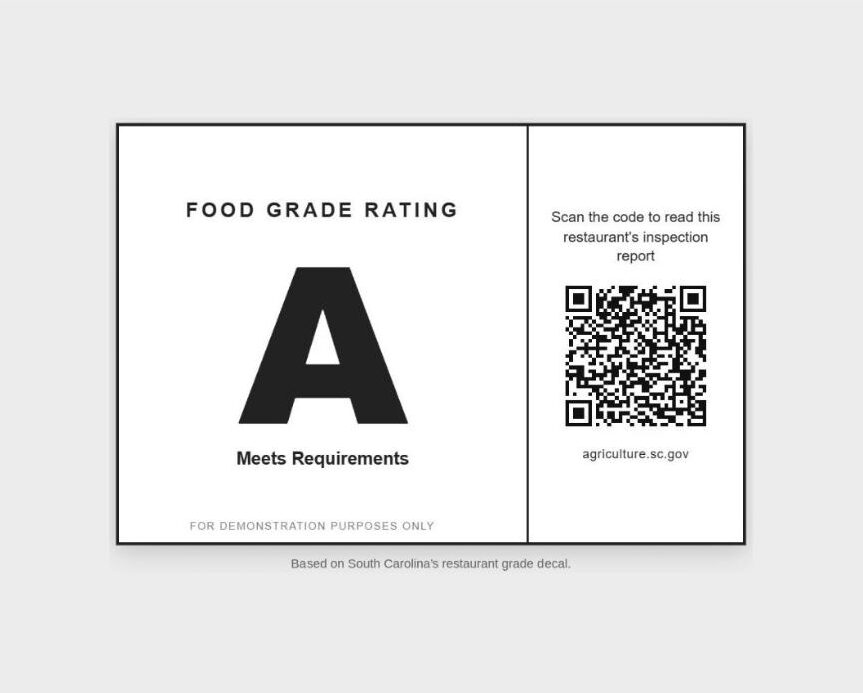 Example of a restaurant food grade window decal with a large A and a QR code, for demonstration only, based on South Carolina's decal.