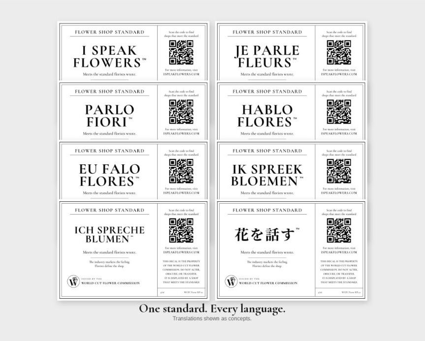 The I Speak Flowers decal in eight languages: English, French, Italian, Spanish, Portuguese, Dutch, German and Japanese.